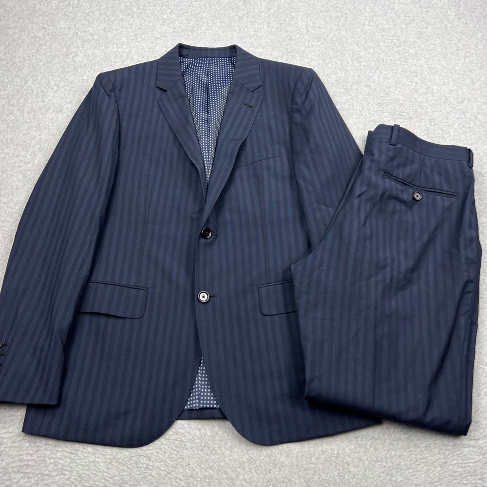 Indochino Suit Mens 38R* Navy Blue Pinstripe 100% Wool Blazer Jacket Pants 2 Pc